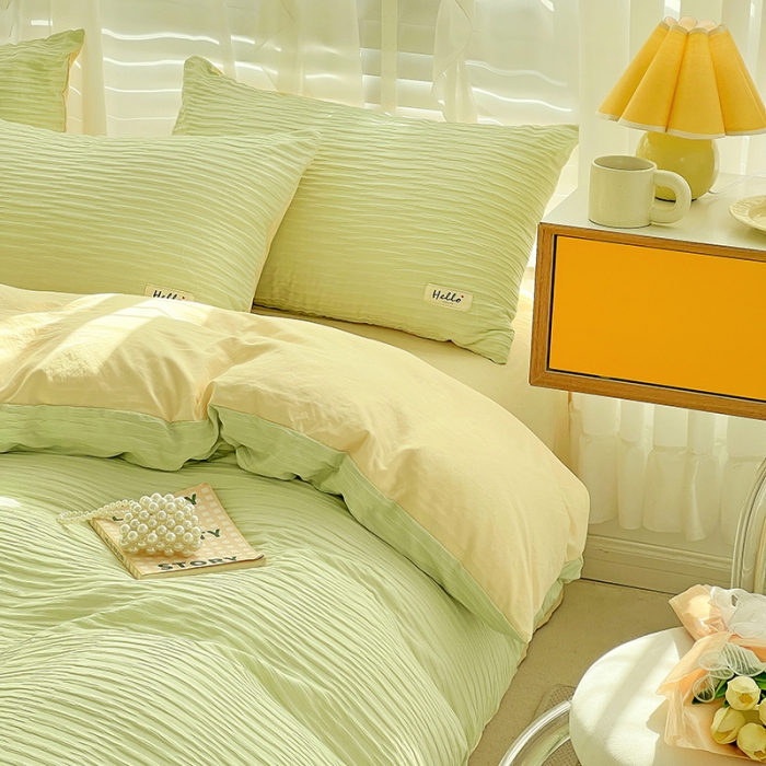 91家纺网 家纺一手货源 找家纺 暖芯优选 2023新款韩版泡泡纱水洗棉拼色床单床笠四件套 芥末绿