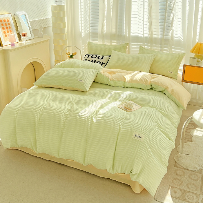 91家纺网 家纺一手货源 找家纺 暖芯优选 2023新款韩版泡泡纱水洗棉拼色床单床笠四件套 芥末绿
