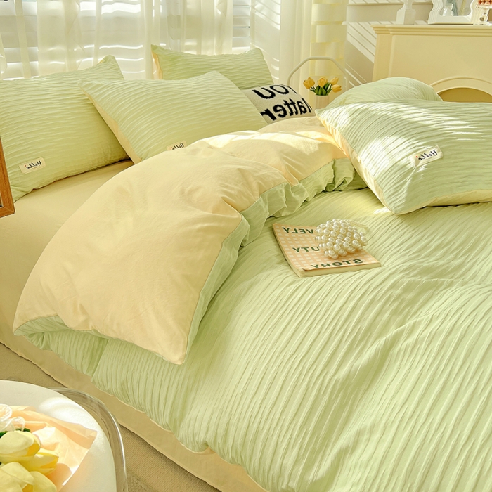 91家纺网 家纺一手货源 找家纺 暖芯优选 2023新款韩版泡泡纱水洗棉拼色床单床笠四件套 芥末绿