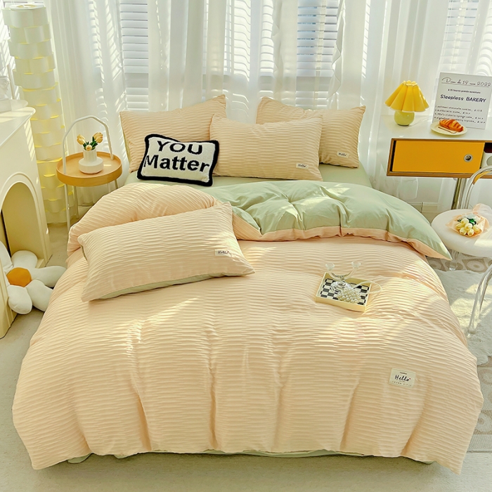 91家纺网 家纺一手货源 找家纺 暖芯优选 2023新款韩版泡泡纱水洗棉拼色床单床笠四件套 粉清绿