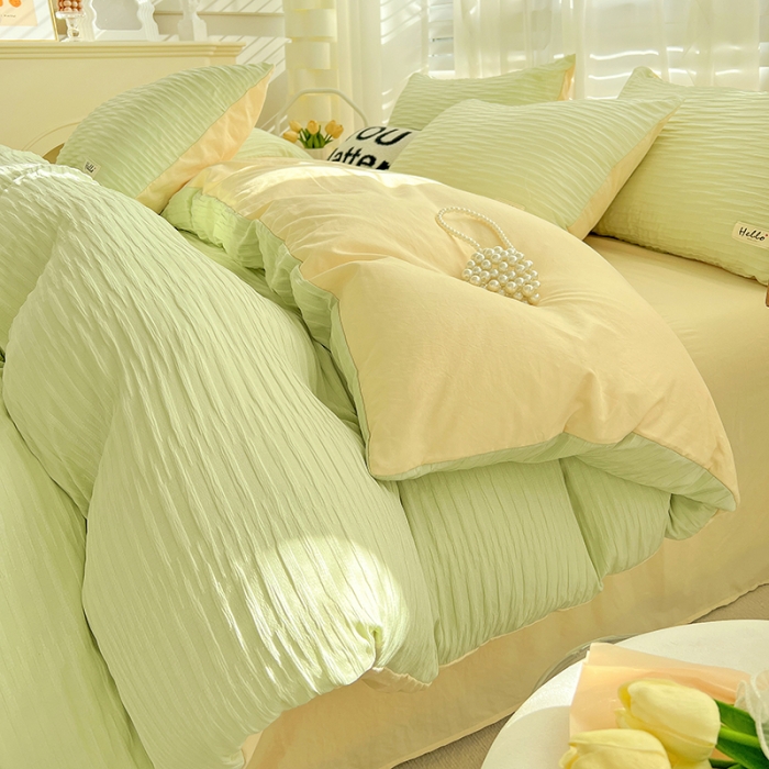 91家纺网 家纺一手货源 找家纺 暖芯优选 2023新款韩版泡泡纱水洗棉拼色床单床笠四件套 芥末绿