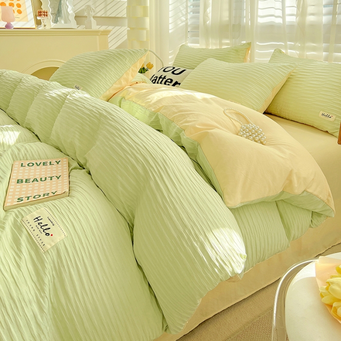 91家纺网 家纺一手货源 找家纺 暖芯优选 2023新款韩版泡泡纱水洗棉拼色床单床笠四件套 芥末绿