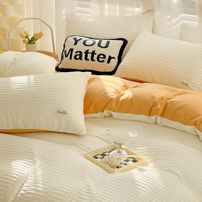 91家纺网 家纺一手货源 找家纺 暖芯优选 2023新款韩版泡泡纱水洗棉拼色床单床笠四件套 米白橙