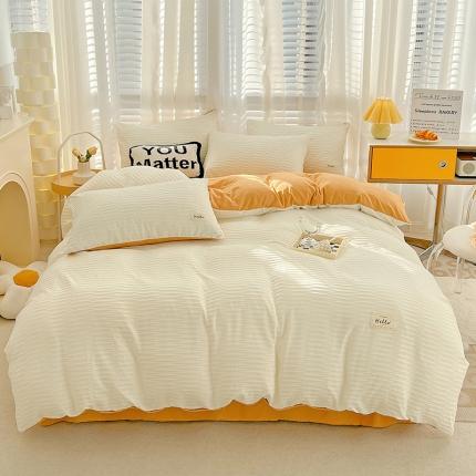 暖芯优选 2023新款韩版泡泡纱水洗棉拼色床单床笠四件套 米白橙