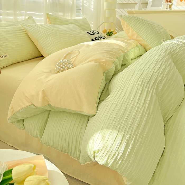 91家纺网 家纺一手货源 找家纺 暖芯优选 2023新款韩版泡泡纱水洗棉拼色床单床笠四件套 芥末绿