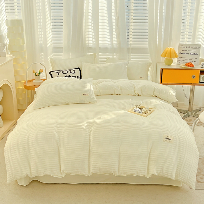 91家纺网 家纺一手货源 找家纺 暖芯优选 2023新款韩版泡泡纱水洗棉拼色床单床笠四件套 奶昔白
