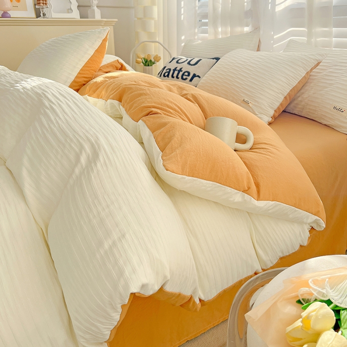 91家纺网 家纺一手货源 找家纺 暖芯优选 2023新款韩版泡泡纱水洗棉拼色床单床笠四件套 米白橙