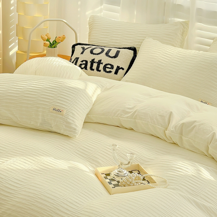 91家纺网 家纺一手货源 找家纺 暖芯优选 2023新款韩版泡泡纱水洗棉拼色床单床笠四件套 奶昔白