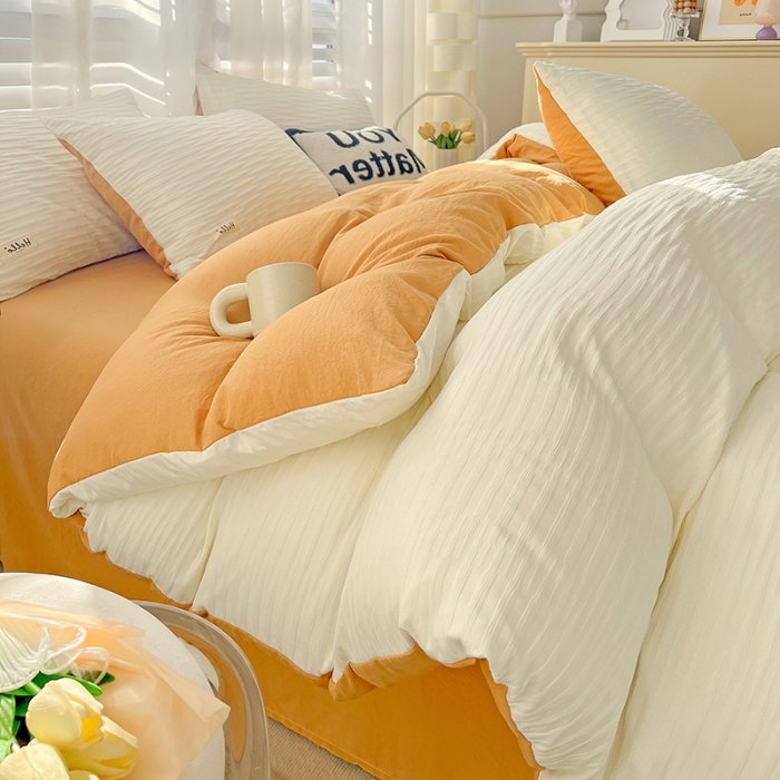 91家纺网 家纺一手货源 找家纺 暖芯优选 2023新款韩版泡泡纱水洗棉拼色床单床笠四件套 米白橙