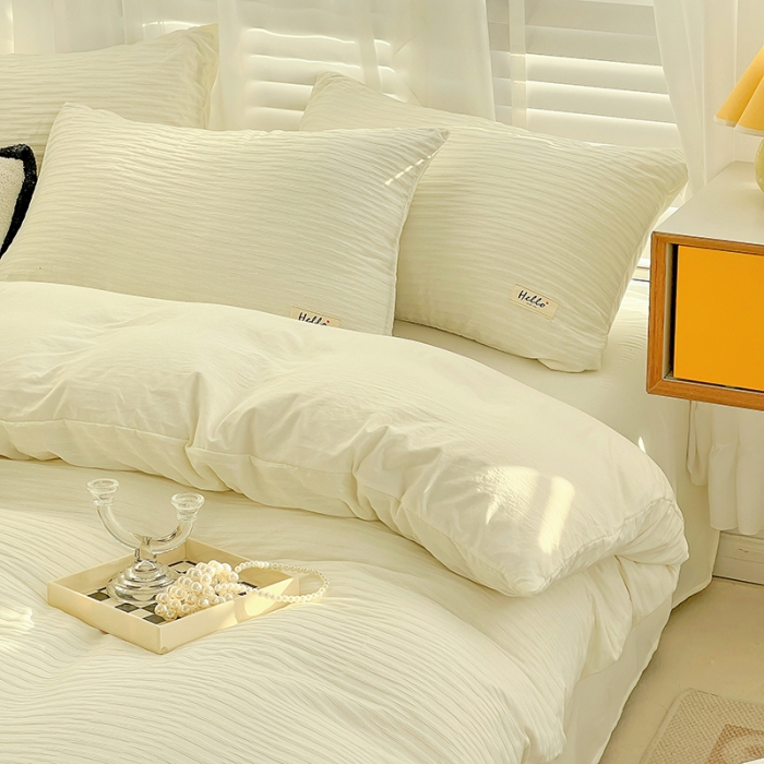 91家纺网 家纺一手货源 找家纺 暖芯优选 2023新款韩版泡泡纱水洗棉拼色床单床笠四件套 奶昔白