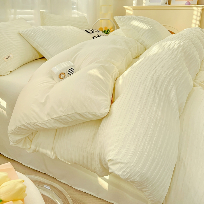 91家纺网 家纺一手货源 找家纺 暖芯优选 2023新款韩版泡泡纱水洗棉拼色床单床笠四件套 奶昔白