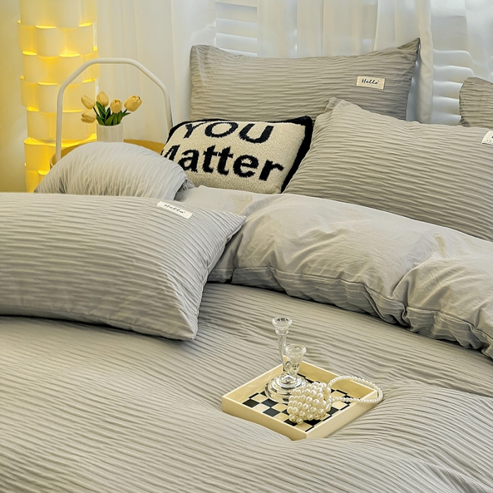 91家纺网 家纺一手货源 找家纺 暖芯优选 2023新款韩版泡泡纱水洗棉拼色床单床笠四件套 情调灰