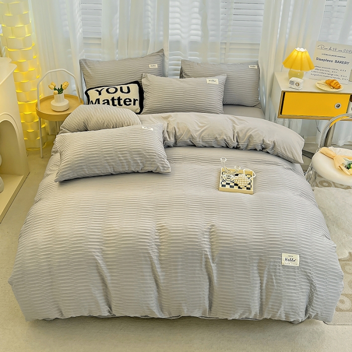 91家纺网 家纺一手货源 找家纺 暖芯优选 2023新款韩版泡泡纱水洗棉拼色床单床笠四件套 情调灰