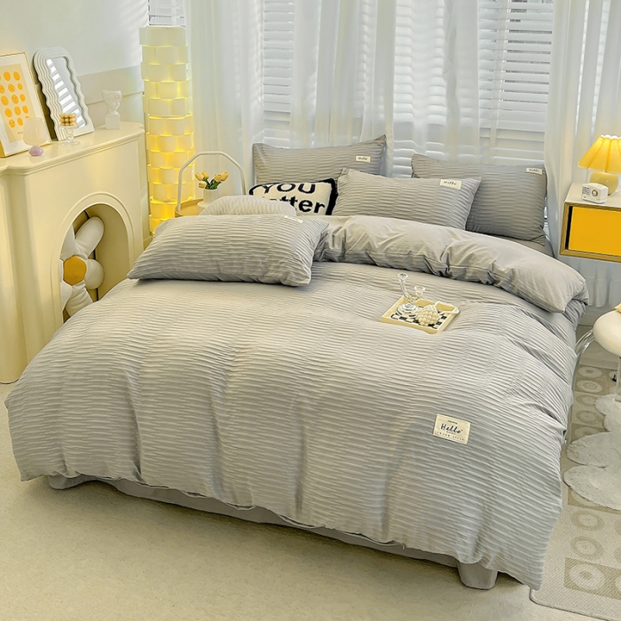 91家纺网 家纺一手货源 找家纺 暖芯优选 2023新款韩版泡泡纱水洗棉拼色床单床笠四件套 情调灰