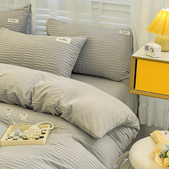 91家纺网 家纺一手货源 找家纺 暖芯优选 2023新款韩版泡泡纱水洗棉拼色床单床笠四件套 情调灰