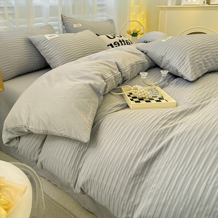 91家纺网 家纺一手货源 找家纺 暖芯优选 2023新款韩版泡泡纱水洗棉拼色床单床笠四件套 情调灰