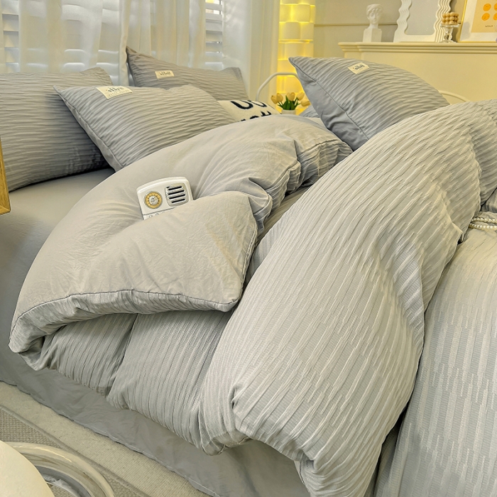 91家纺网 家纺一手货源 找家纺 暖芯优选 2023新款韩版泡泡纱水洗棉拼色床单床笠四件套 情调灰