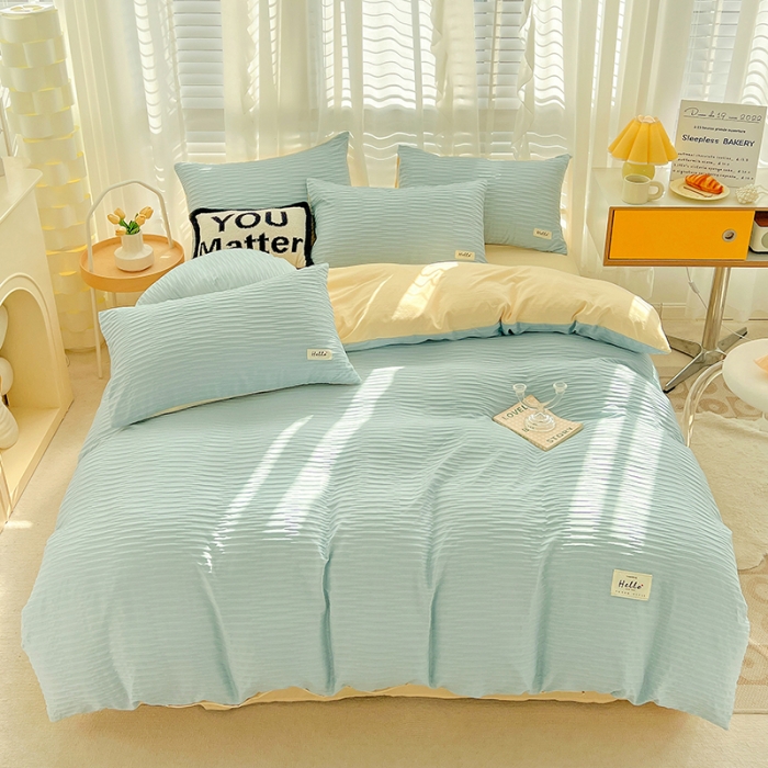 91家纺网 家纺一手货源 找家纺 暖芯优选 2023新款韩版泡泡纱水洗棉拼色床单床笠四件套 天蓝玉