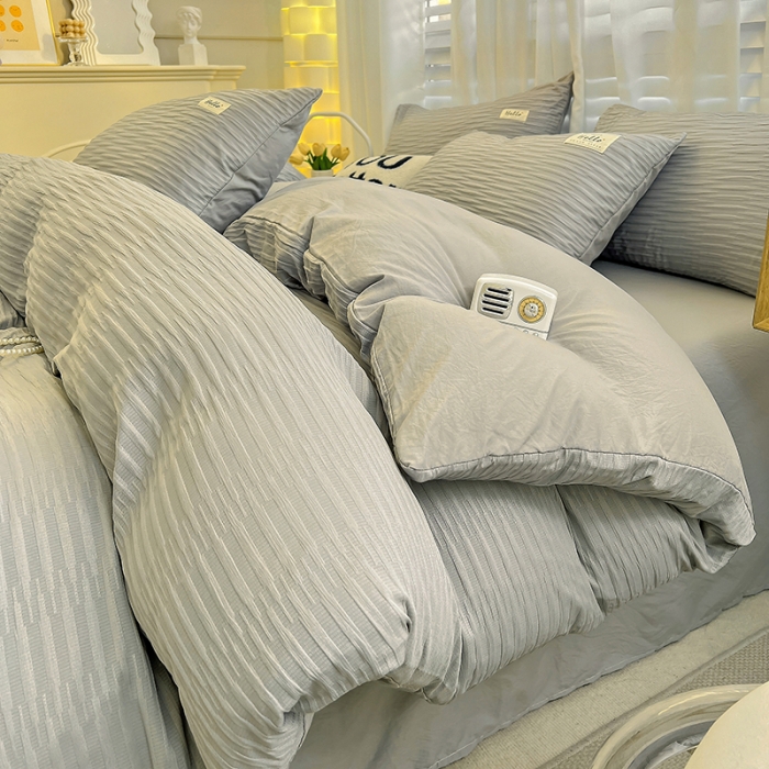 91家纺网 家纺一手货源 找家纺 暖芯优选 2023新款韩版泡泡纱水洗棉拼色床单床笠四件套 情调灰