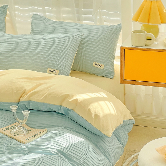 91家纺网 家纺一手货源 找家纺 暖芯优选 2023新款韩版泡泡纱水洗棉拼色床单床笠四件套 天蓝玉