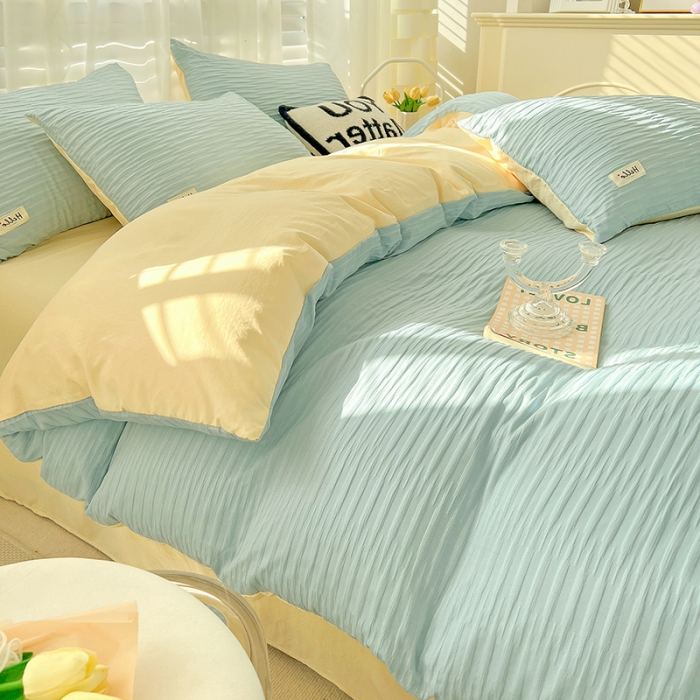 91家纺网 家纺一手货源 找家纺 暖芯优选 2023新款韩版泡泡纱水洗棉拼色床单床笠四件套 天蓝玉