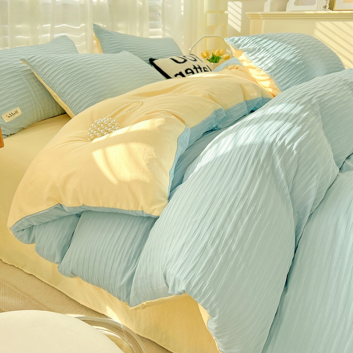 91家纺网 家纺一手货源 找家纺 暖芯优选 2023新款韩版泡泡纱水洗棉拼色床单床笠四件套 天蓝玉