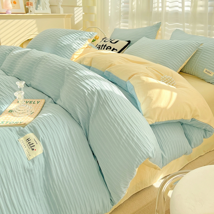 91家纺网 家纺一手货源 找家纺 暖芯优选 2023新款韩版泡泡纱水洗棉拼色床单床笠四件套 天蓝玉