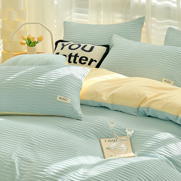91家纺网 家纺一手货源 找家纺 暖芯优选 2023新款韩版泡泡纱水洗棉拼色床单床笠四件套 天蓝玉