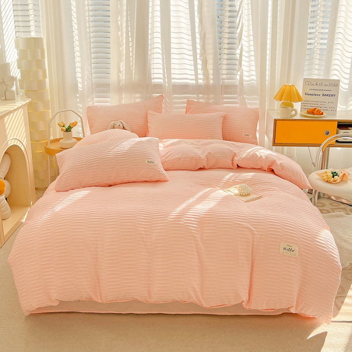 91家纺网 家纺一手货源 找家纺 暖芯优选 2023新款韩版泡泡纱水洗棉拼色床单床笠四件套 樱花粉