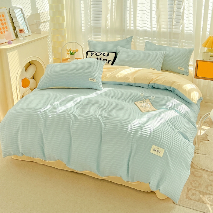 91家纺网 家纺一手货源 找家纺 暖芯优选 2023新款韩版泡泡纱水洗棉拼色床单床笠四件套 天蓝玉