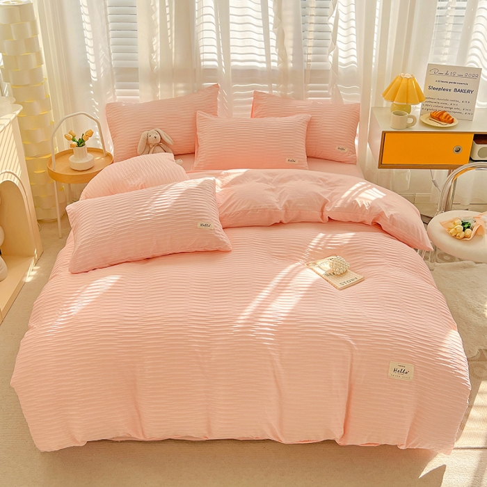 91家纺网 家纺一手货源 找家纺 暖芯优选 2023新款韩版泡泡纱水洗棉拼色床单床笠四件套 樱花粉