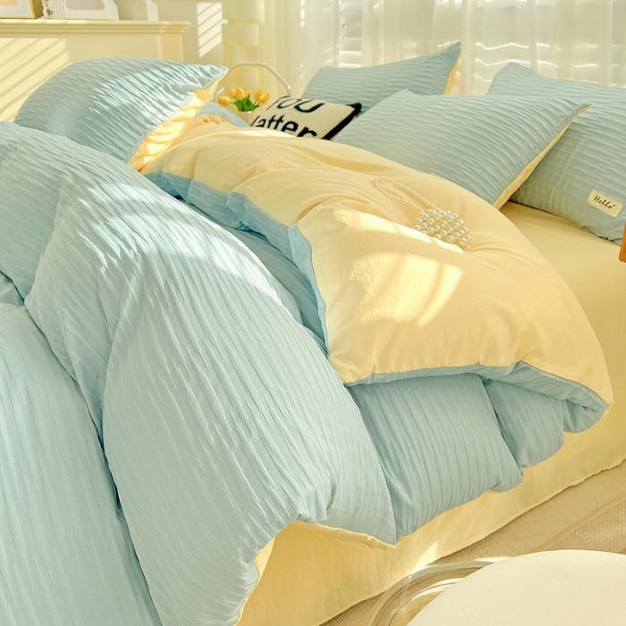 91家纺网 家纺一手货源 找家纺 暖芯优选 2023新款韩版泡泡纱水洗棉拼色床单床笠四件套 天蓝玉