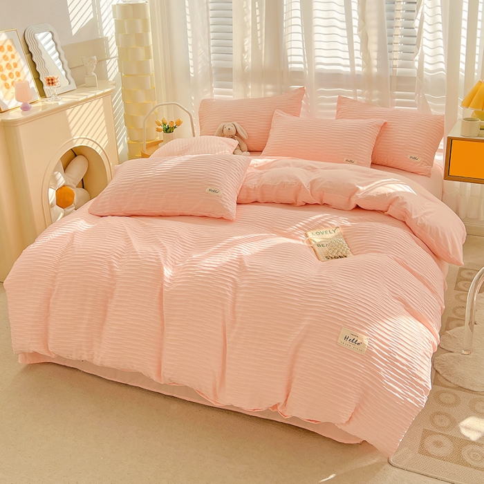 91家纺网 家纺一手货源 找家纺 暖芯优选 2023新款韩版泡泡纱水洗棉拼色床单床笠四件套 樱花粉