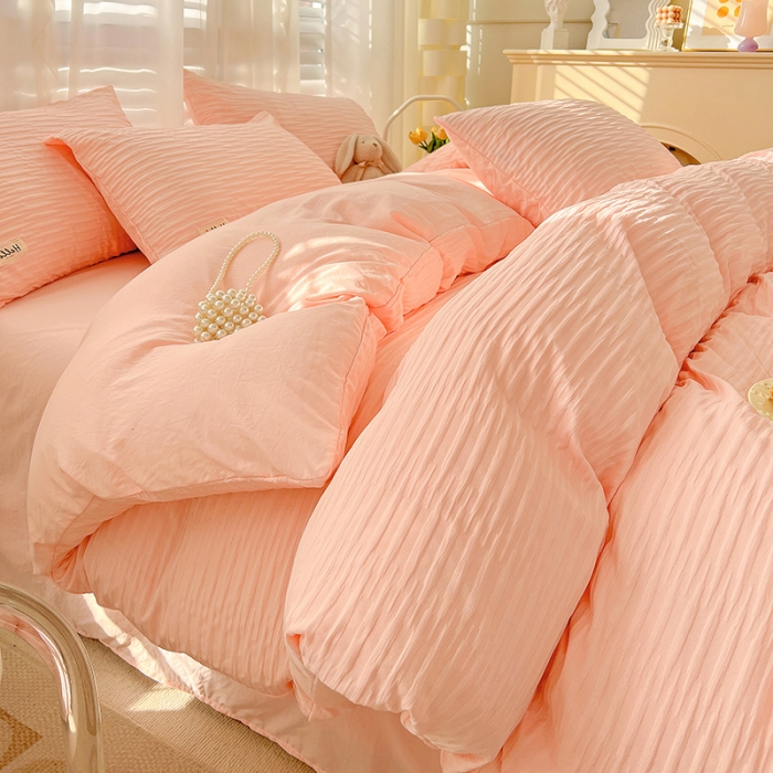 91家纺网 家纺一手货源 找家纺 暖芯优选 2023新款韩版泡泡纱水洗棉拼色床单床笠四件套 樱花粉