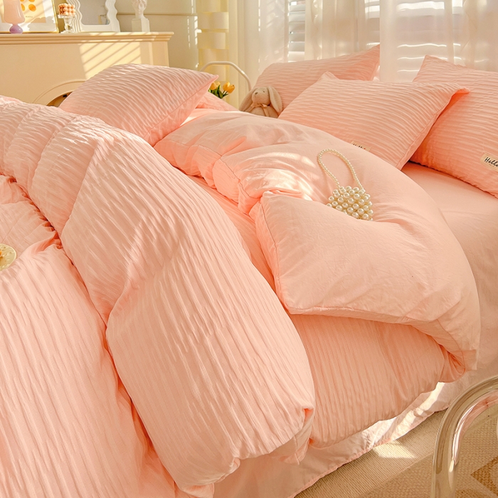 91家纺网 家纺一手货源 找家纺 暖芯优选 2023新款韩版泡泡纱水洗棉拼色床单床笠四件套 樱花粉