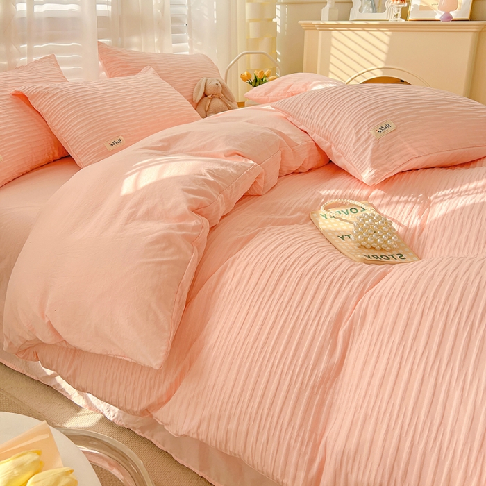 91家纺网 家纺一手货源 找家纺 暖芯优选 2023新款韩版泡泡纱水洗棉拼色床单床笠四件套 樱花粉