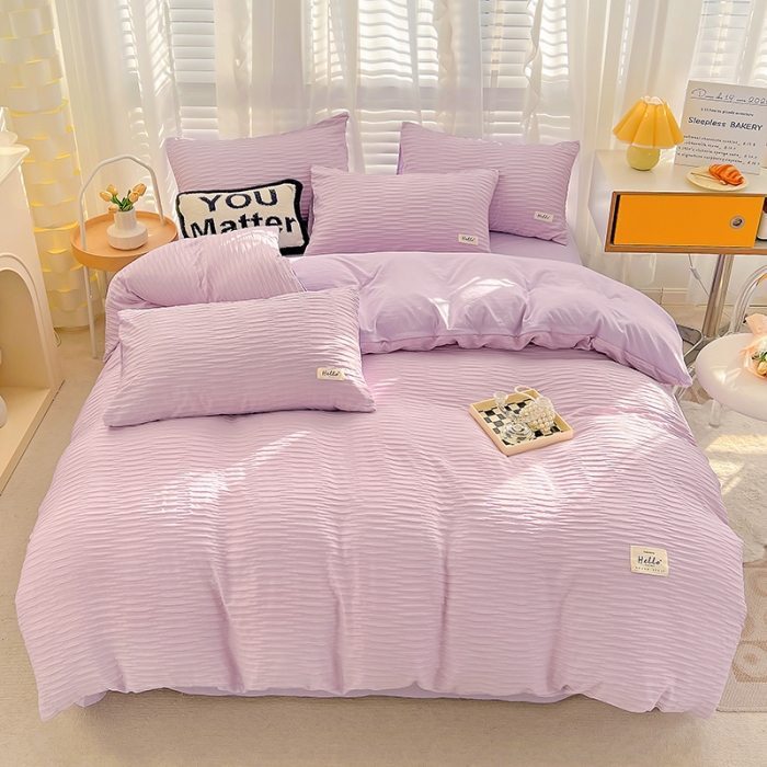 91家纺网 家纺一手货源 找家纺 暖芯优选 2023新款韩版泡泡纱水洗棉拼色床单床笠四件套 紫薯色