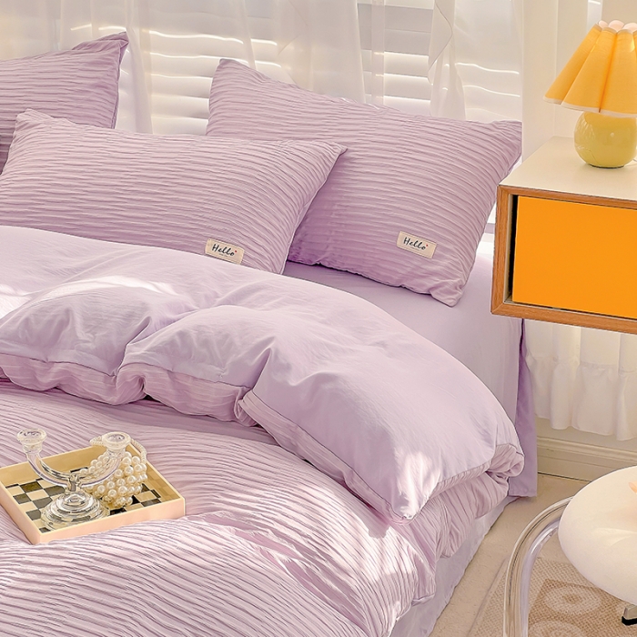 91家纺网 家纺一手货源 找家纺 暖芯优选 2023新款韩版泡泡纱水洗棉拼色床单床笠四件套 紫薯色