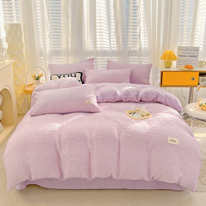 91家纺网 家纺一手货源 找家纺 暖芯优选 2023新款韩版泡泡纱水洗棉拼色床单床笠四件套 紫薯色