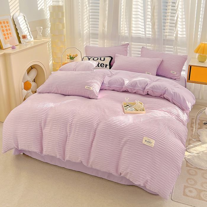 91家纺网 家纺一手货源 找家纺 暖芯优选 2023新款韩版泡泡纱水洗棉拼色床单床笠四件套 紫薯色