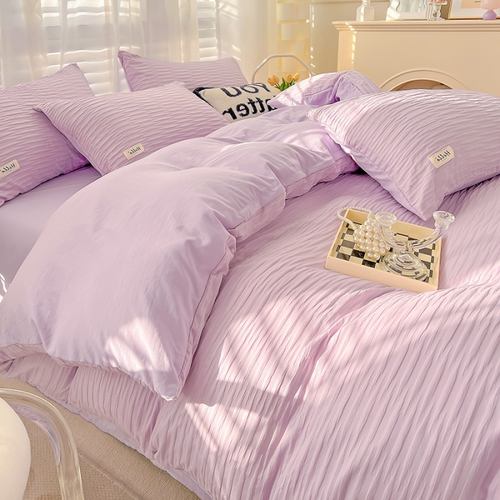 91家纺网 家纺一手货源 找家纺 暖芯优选 2023新款韩版泡泡纱水洗棉拼色床单床笠四件套 紫薯色