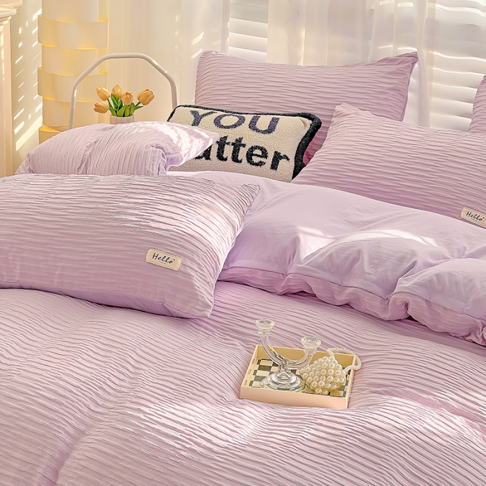 91家纺网 家纺一手货源 找家纺 暖芯优选 2023新款韩版泡泡纱水洗棉拼色床单床笠四件套 紫薯色