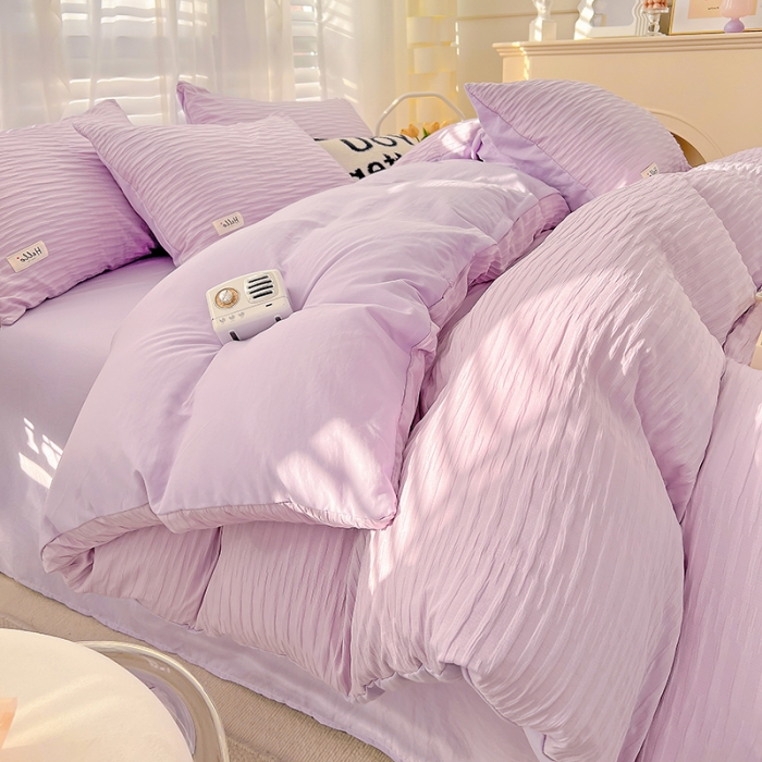 91家纺网 家纺一手货源 找家纺 暖芯优选 2023新款韩版泡泡纱水洗棉拼色床单床笠四件套 紫薯色