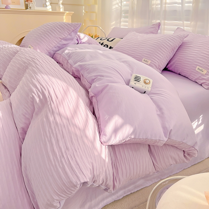 91家纺网 家纺一手货源 找家纺 暖芯优选 2023新款韩版泡泡纱水洗棉拼色床单床笠四件套 紫薯色