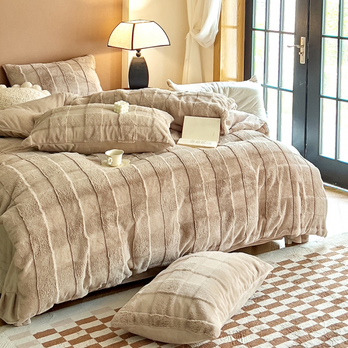 91家纺网 家纺一手货源 找家纺 富之航家纺 2023新款兔毛牛奶绒四件套 奶茶咖