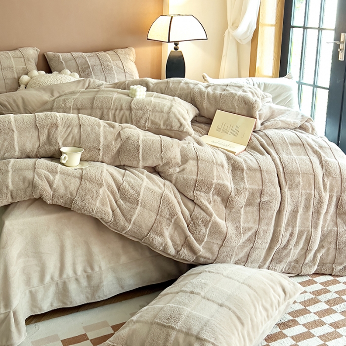 91家纺网 家纺一手货源 找家纺 富之航家纺 2023新款兔毛牛奶绒四件套 奶茶咖