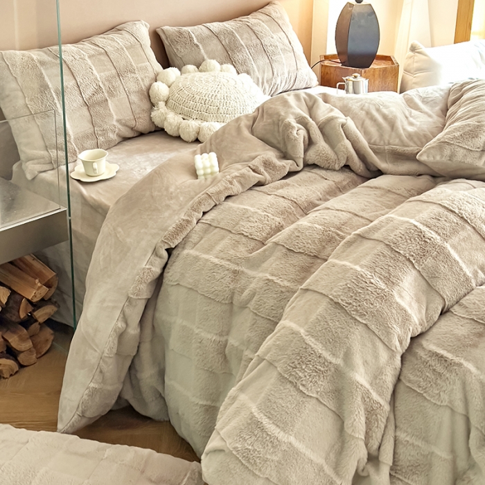 91家纺网 家纺一手货源 找家纺 富之航家纺 2023新款兔毛牛奶绒四件套 奶茶咖