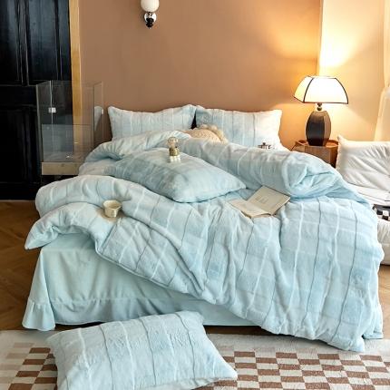 91家纺网 家纺一手货源 找家纺 富之航家纺 2023新款兔毛牛奶绒四件套 羽纱蓝