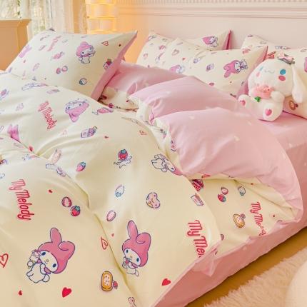 91家纺网 家纺一手货源 找家纺 金丝鸟家纺 2023新款全棉印花三利欧库洛米系列四件套 甜品小兔