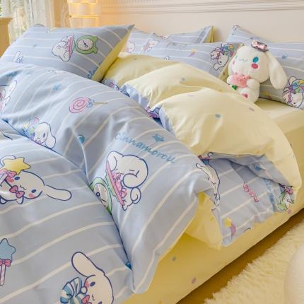 91家纺网 家纺一手货源 找家纺 金丝鸟家纺 2023新款全棉印花三利欧库洛米系列四件套 条纹玉桂狗